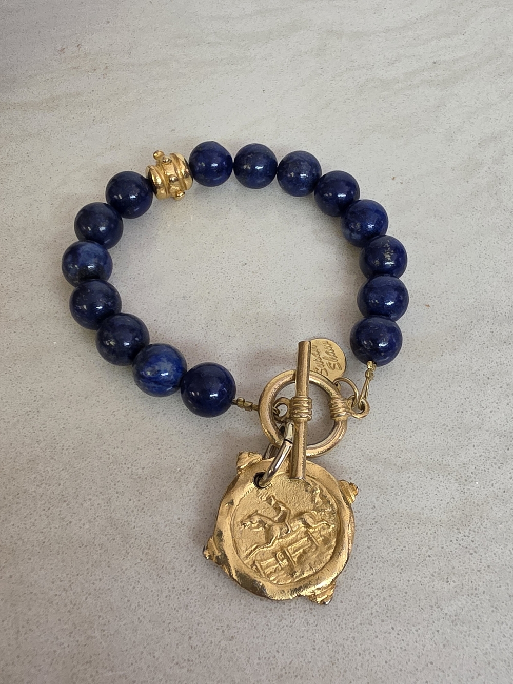 Susan Shaw Blue Lapis Equestrian Intaglio Gold Equestrian Toggle Bracelet
